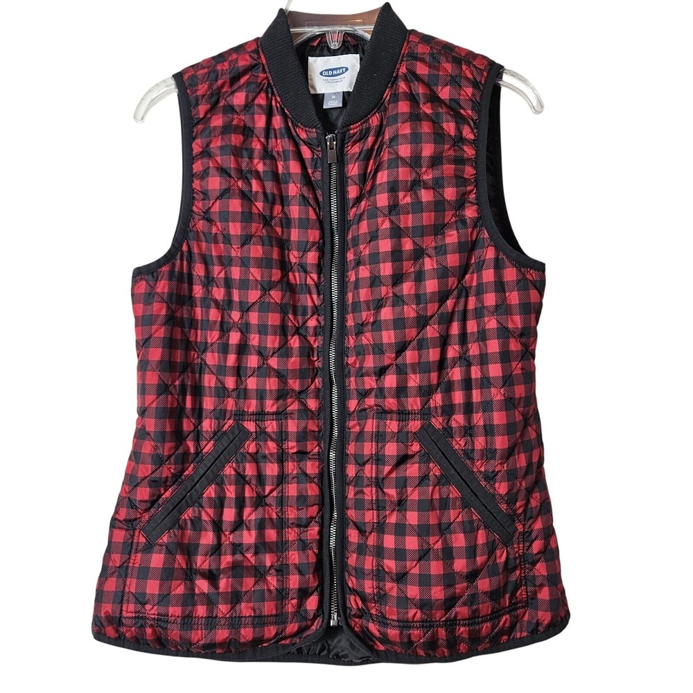 Old Navy Red Buffalo Plaid Softshell Vest MEDIUM Lightweight Pocket Cabincore
